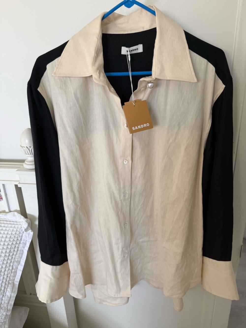 Sandro Linen blend Pearl-Button Beige/ Black Button-Up Blouse SZ 4 NWT